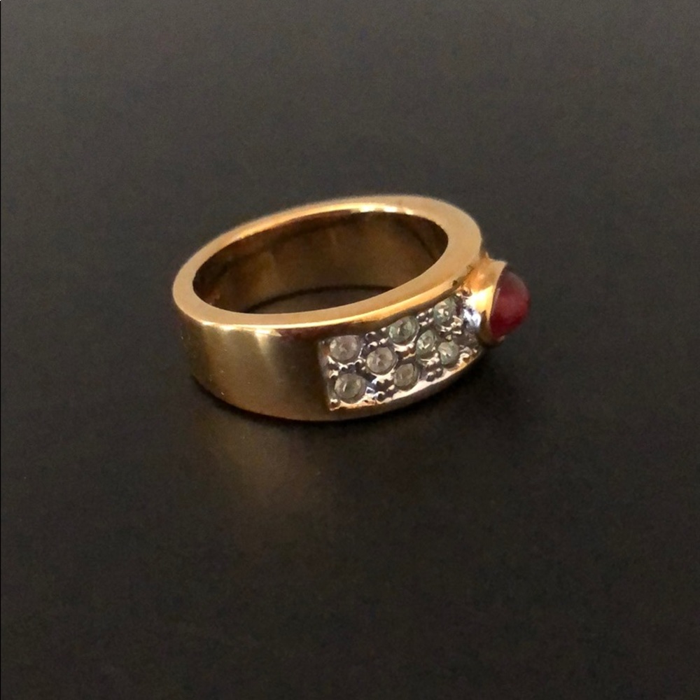 CABOCHON RUBY W/RHINESTONE 14K GOLD PLATED RING - Picture 4 of 8